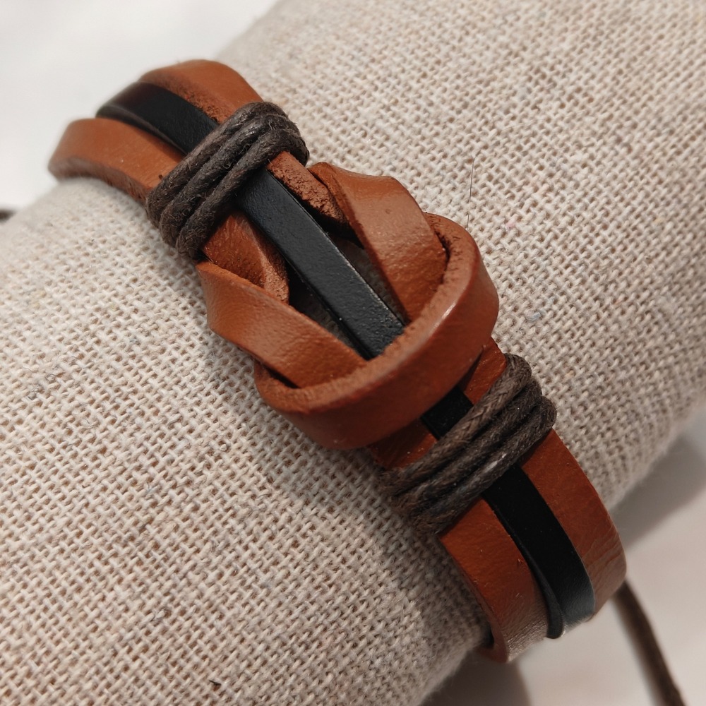 Mens Brown Black Faux Leather Bracelet Knotted Cord Adjustable Multi-Strand